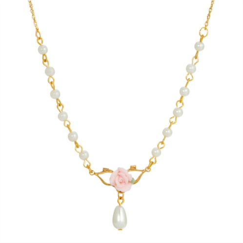 1928 Gold Tone Simulated Pearl Porcelain Rose Y-Necklace