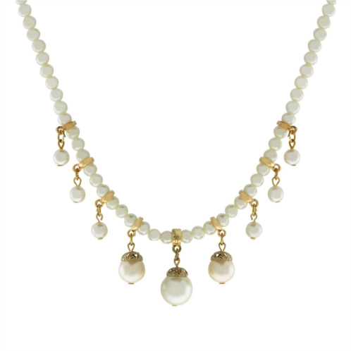 1928 Gold Tone Simulated Pearl Strand & Drop Station Necklace