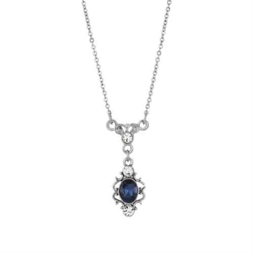 1928 Silver Tone Blue & Clear Crystal Filigree Necklace