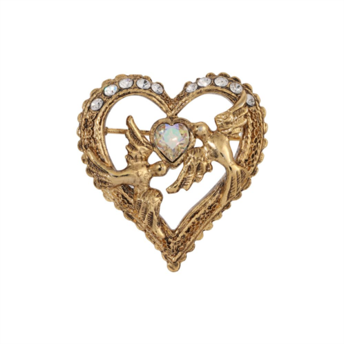 1928 Gold Tone Crystal Love Birds Heart Pin