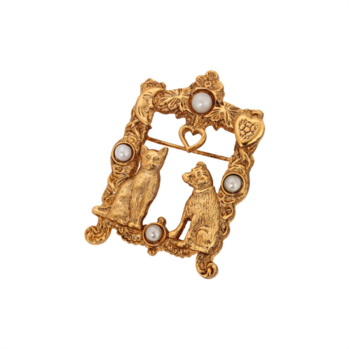1928 Gold-Tone Simulated Pearl Rectangle Frame Cat Pin