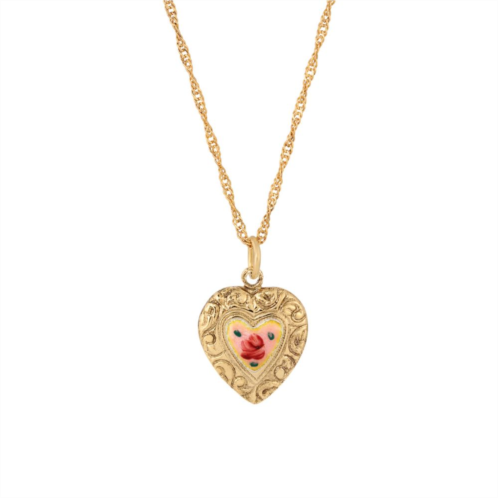 1928 Gold Tone Pink Enamel Heart Necklace