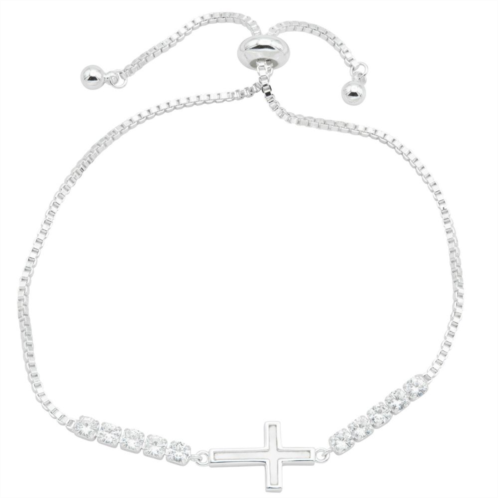 City Luxe Silver Tone Mother of Pearl & Cubic Zirconia Cross Bolo Bracelet