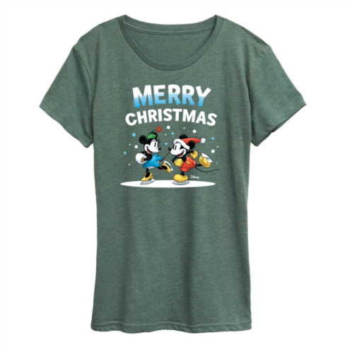 Disneys Mickey Mouse And Minnie Mouse Womens Christmas Ice Skating Graphic Tee.