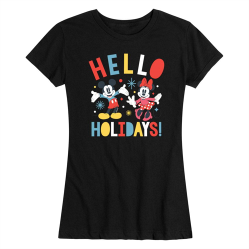 Disneys Mickey Mouse And Minnie Mouse Womens Hello Holidays Graphic Tee