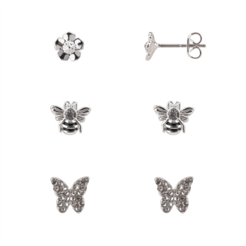 FAO Schwarz Silver Tone Crystal Butterfly & Bee Trio Stud Earrings Set