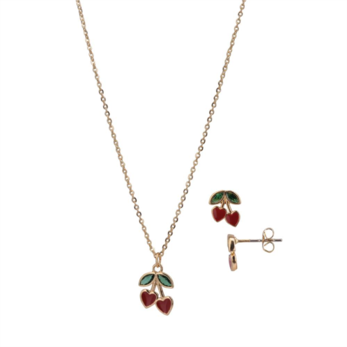 FAO Schwarz Gold Tone Crystal Cherry Pendant Necklace & Stud Earrings Set