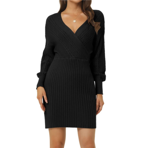 Seta T Womens Deep V Neck Wrap Lantern Sleeve Slim Fit Casual Fall Winter Mini Sweater Dress