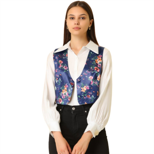 ALLEGRA K Womens Floral Pattern V Neck Sleeveless Button Satin Waistcoat Vest