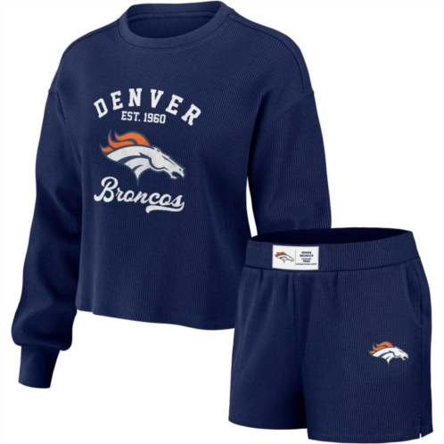 Womens WEAR by Erin Andrews Navy Denver Broncos Waffle Knit Long Sleeve T-Shirt & Shorts Lounge Set
