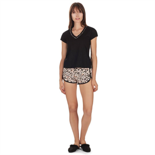 MeMoi Womens Leopard V-Neck Short Cotton Blend Pajama Set