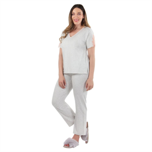 MeMoi Womens Cotton Blend Lace Trim Short Sleeve Top and Pants Sleep Set