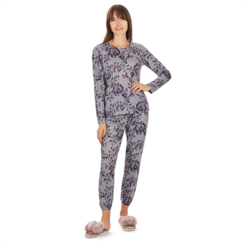 MeMoi 2 Piece Womens Purple Blossom Long Sleeve and Tapered Pant Pajama Set