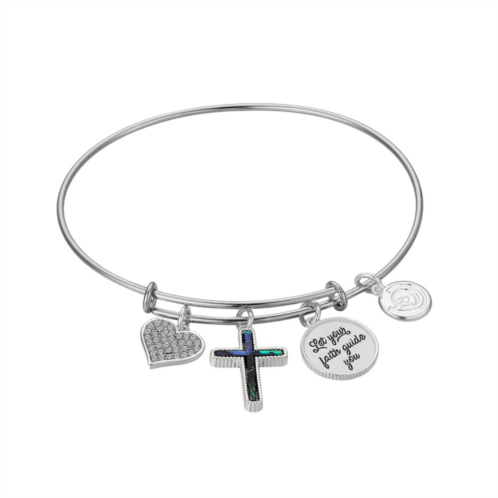Love This Life Fine Silver Plated Crystal Let Your Faith Guide You Abalone Cross & Heart Charm Bangle Bracelet