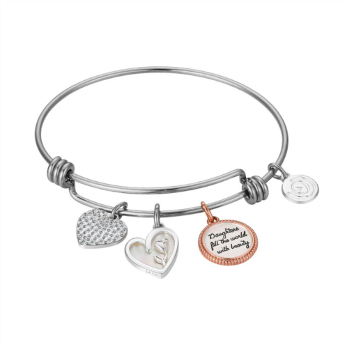 Love This Life Two-Tone Crystal & Mother of Pearl Daughters Fill the World with Beauty Heart & Flower Charm Bangle Bracelet