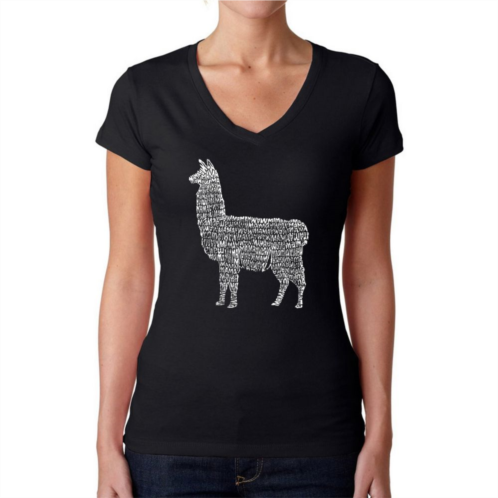 LA Pop Art Llama Mama - Womens Word Art V-Neck T-Shirt
