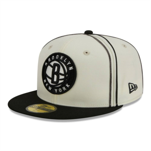 Mens New Era Cream/Black Brooklyn Nets Piping 2-Tone 59FIFTY Fitted Hat