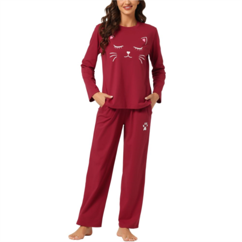 Cheibear Womens Pajamas Nightwear Cute Cat Print Tops and Pants Sleepwear Lounge Stes