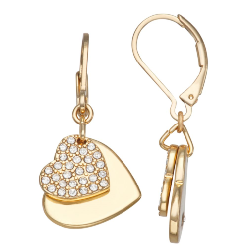 Nine West Gold Tone Pave Heart Leverback Earrings