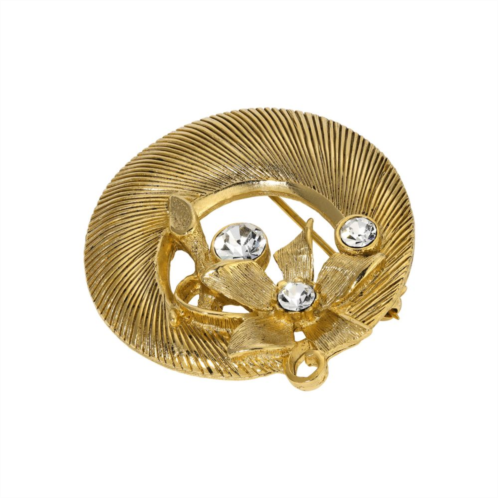 1928 Gold Tone Crystal Flower Round Pin