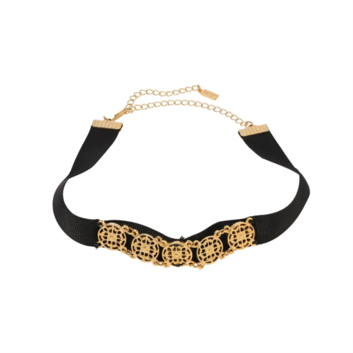 1928 Gold Tone Black Grosgrain Ribbon Filigree Embellishments Choker Necklace