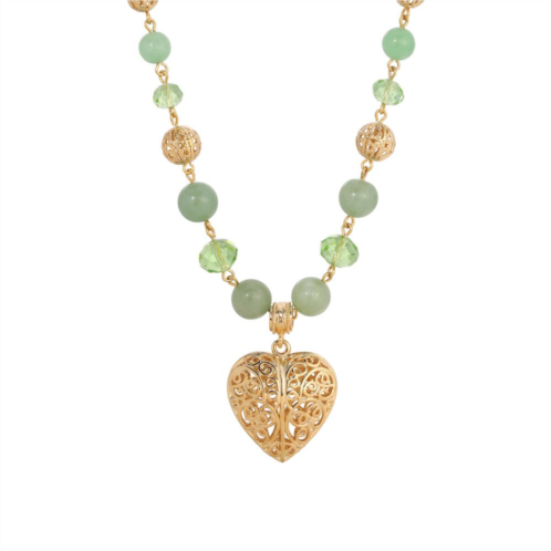 1928 Gold Tone & Green Bead Filigree Heart Pendant Necklace