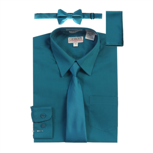 Gioberti Boys Long Sleeve Dress Shirt + Solid Tie, Bow Tie, and Hanky