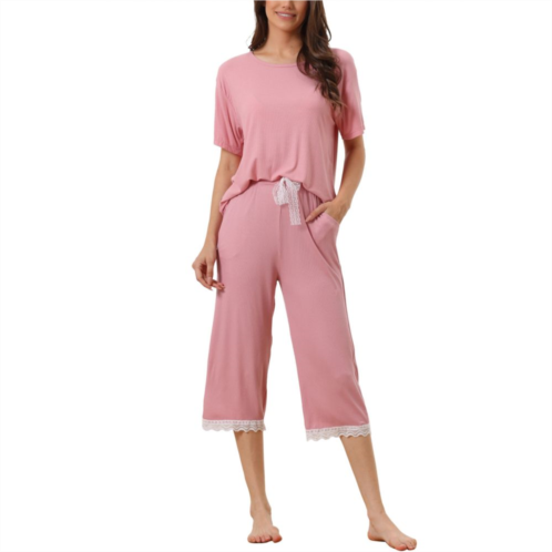 Cheibear Womens Modal Loose Summer Pajama Set Lace Trim Short Sleeve Carpri Sleepwear
