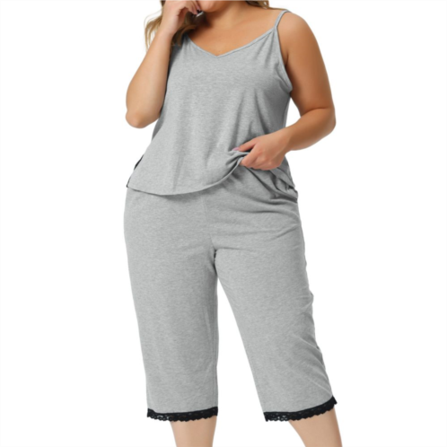 Agnes Orinda Women Plus Size Lace Trim V-neck Cami Top Capris Pants Elastic Soft Nightwear Sleepwear Pajamas Sets