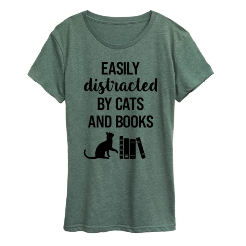 Licensed Character Womens Easily Distracted Cats Books Graphic Tee