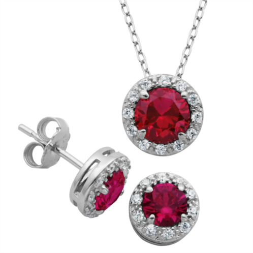 Unbranded Sterling Silver Lab-Created Ruby & Cubic Zirconia Halo Pendant & Stud Earrings Set