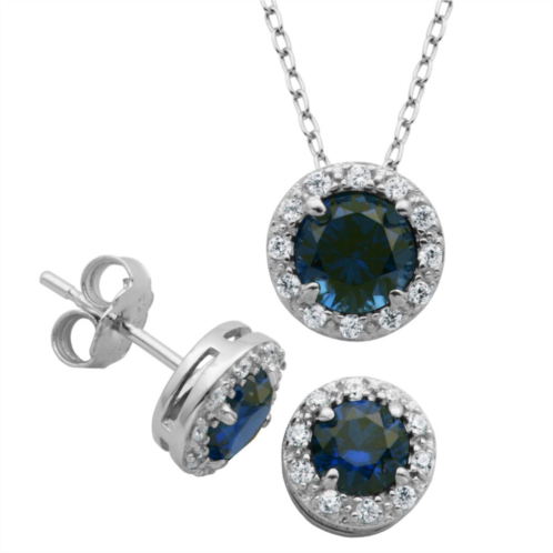 Unbranded Sterling Silver Lab-Created Sapphire & Cubic Zirconia Halo Pendant & Stud Earrings Set