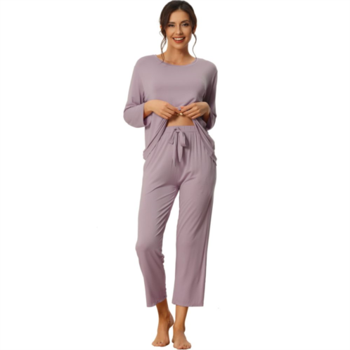 Cheibear Womens Loose Soft Modal Pajama Sets Sleepwear Long Sleeve Shirt and Wide-leg Sleep Pants