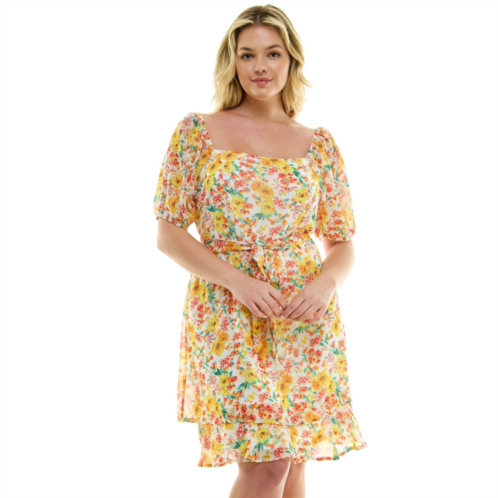 Juniors Plus Size Lily Rose Puff Sleeve Belted Skater Dress