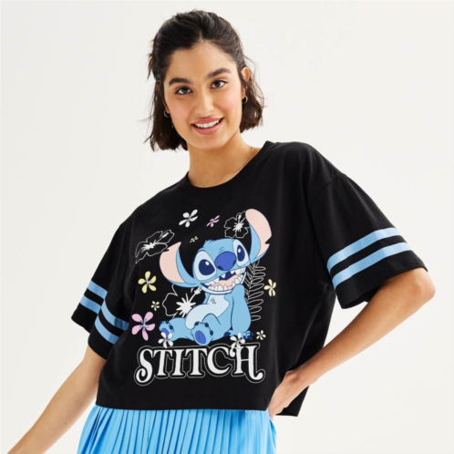 Licensed Character Disneys Lilo & Stitch Juniors Stitch Floral Varsity Cropped Graphic Tee