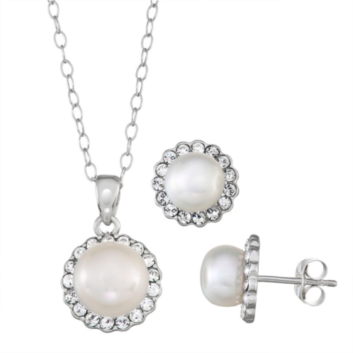 Unbranded Sterling Silver Cultured Freshwater Pearl & Crystal Halo Pendant & Earrings Set