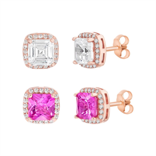 Unbranded 14k Rose Gold Over Silver Cubic Zirconia & Lab Created Pink Sapphire Stud Earring Duo Set