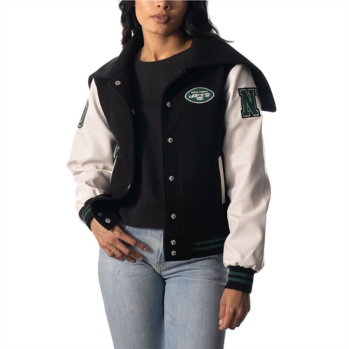 Unbranded Womens The Wild Collective Black New York Jets Sailor Full-Snap Hooded Varsity Jacket
