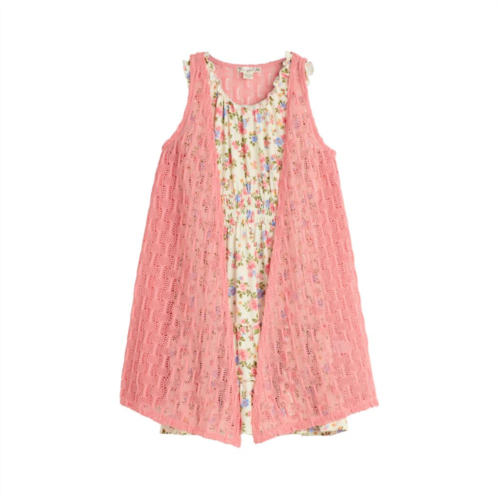 Girls 7-16 Knit Works Sleeveless Smocked Waist Dress & Crochet Vest Set in Regular & Plus Size