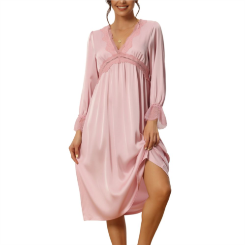 Cheibear Womens Satin Pajamas Long Sleeve Lace V-neck Casual Long Dress Nightshirts Loungewear