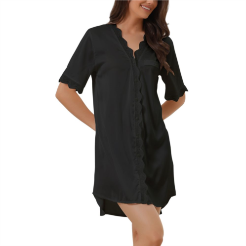 Cheibear Womens Satin Silky Nightshirt Button Down Nightgown Lace Pajama Dress Nightshirts Loungewear