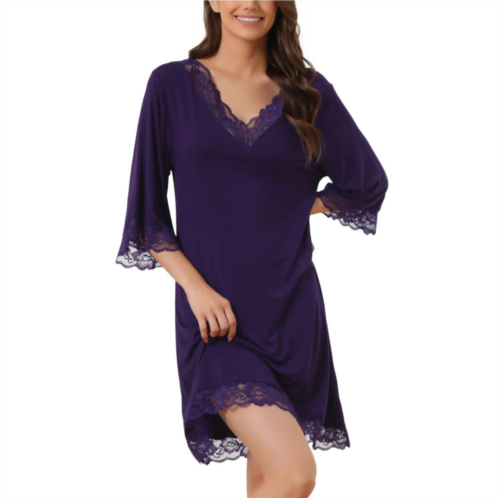 Cheibear Womens Lace Nightshirt Soft Half Sleeve Sleepshirt Loungewear Pajama Nightgown