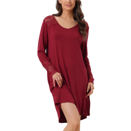 Cheibear Womens Lace Trim Long Sleeves Pull-on Nightshirt Dress