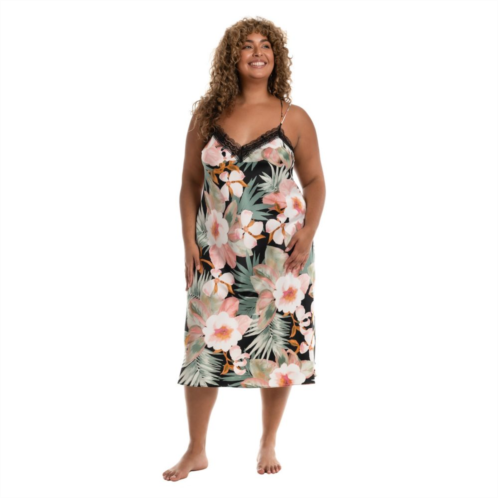 Plus Size Lilac+London Floral Tropical Print Lace Trimmed Midi Nightgown