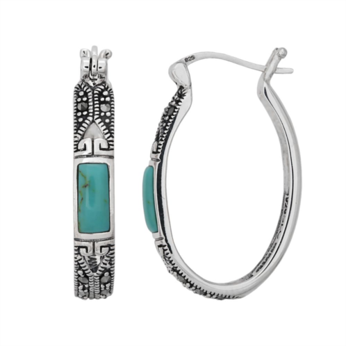 Tori Hill Sterling Silver Marcasite & Synthetic Turquoise Oval Hoop Earrings