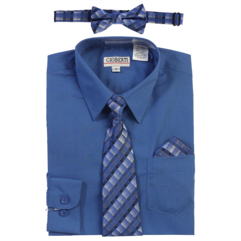 Gioberti Kids Long Sleeve Dress Shirt + Plaid Tie, Bow Tie And Hanky