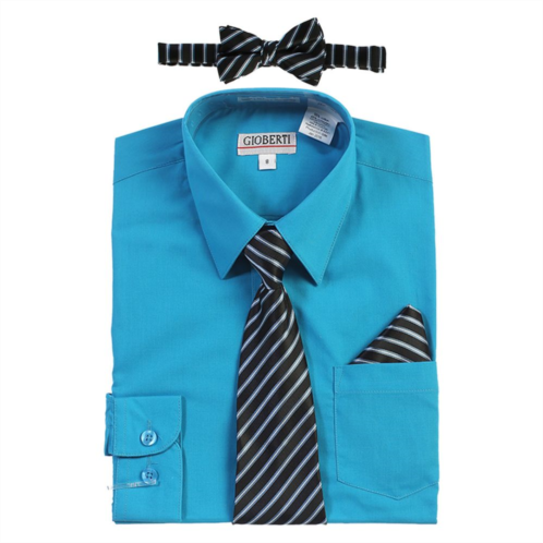 Gioberti Boys Long Sleeve Dress Shirt + Stripe Tie, Bow Tie and Hanky