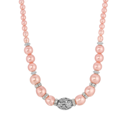 1928 Silver Tone Faux Pink Pearl Crystal & Filigree Necklace
