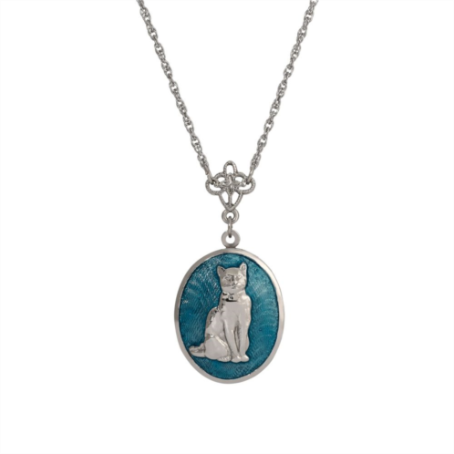 1928 Silver Tone Blue Enamel Oval Cat Locket Necklace