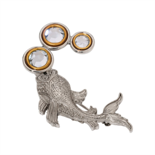 1928 Silver Tone Koi Fish Crystal Bubbles Brooch